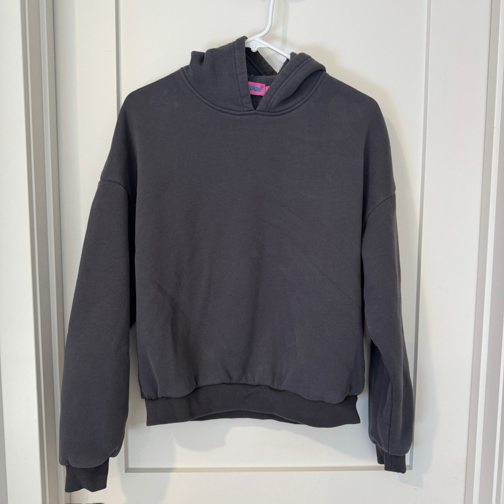 Edikted Charcoal Grey Pink Bow Sleeve Graphic Hoodie Fleece Lined Small
